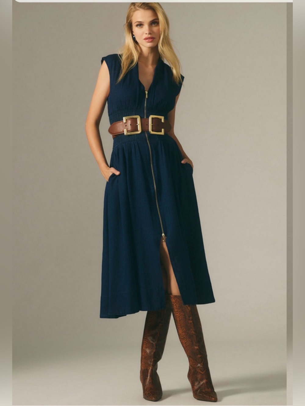 ENDLESS ROSE THE TOMIE CAP-SLEEVES SMOKE WAIST DETAILS FRONT ZIPPER DRESS S NAVY